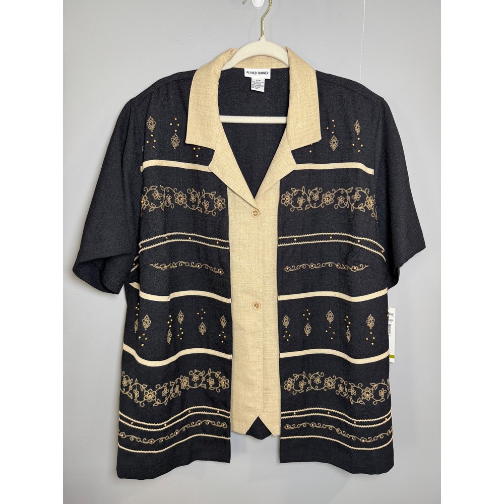 Alfred Dunner Womens 22W Black Beige Embroidered Short Sleeve Button Shirt NWT